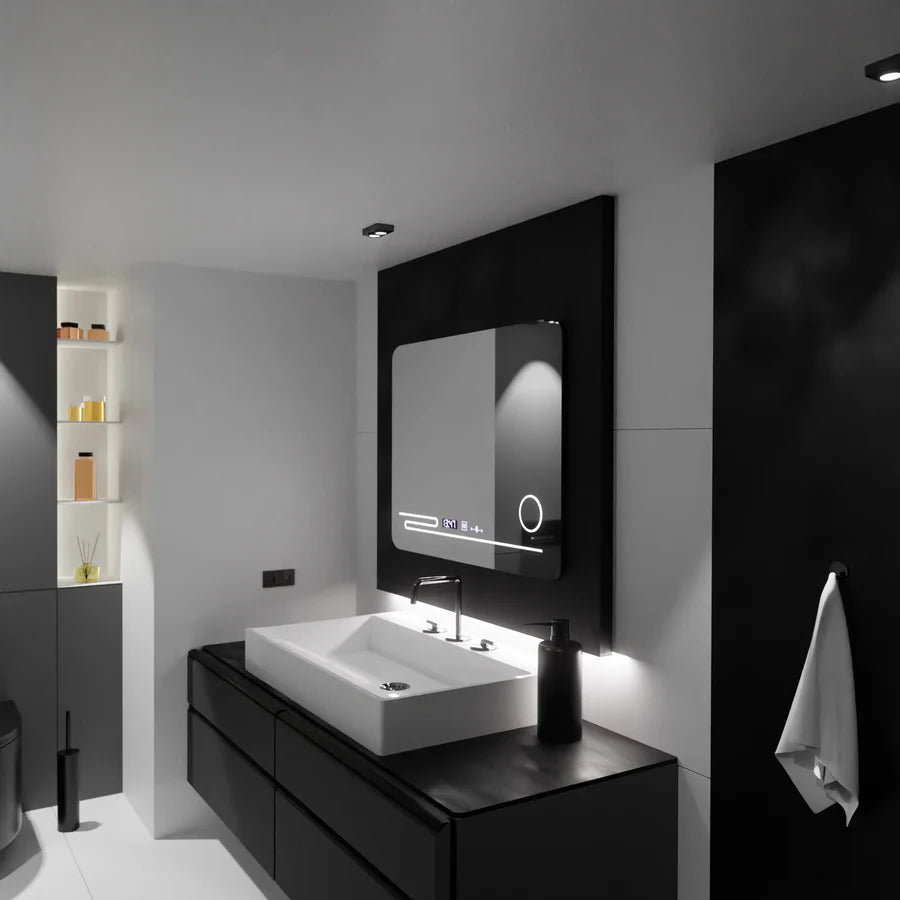 Oglinda LED Rectangulara, 80x60cm, Premium Harmonie MotionGlow Marcello, Sistem Dezaburire, Termometru si Ceas, Lupa Cosmetica, Dimabila