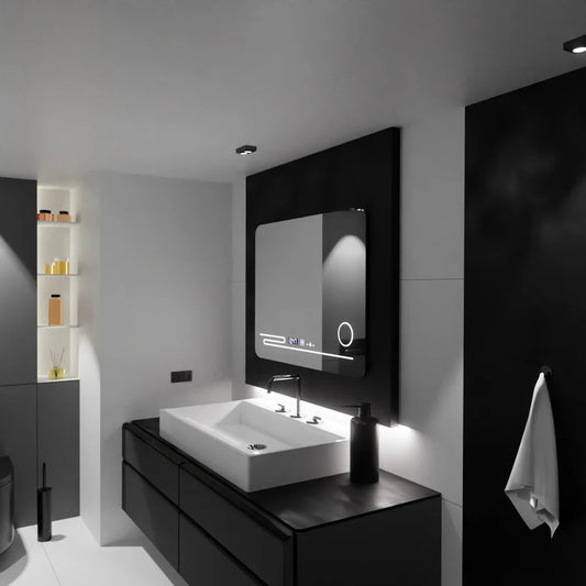 Oglinda LED Rectangulara, 80x60cm, Premium Harmonie MotionGlow Marcello, Sistem Dezaburire, Termometru si Ceas, Lupa Cosmetica, Dimabila