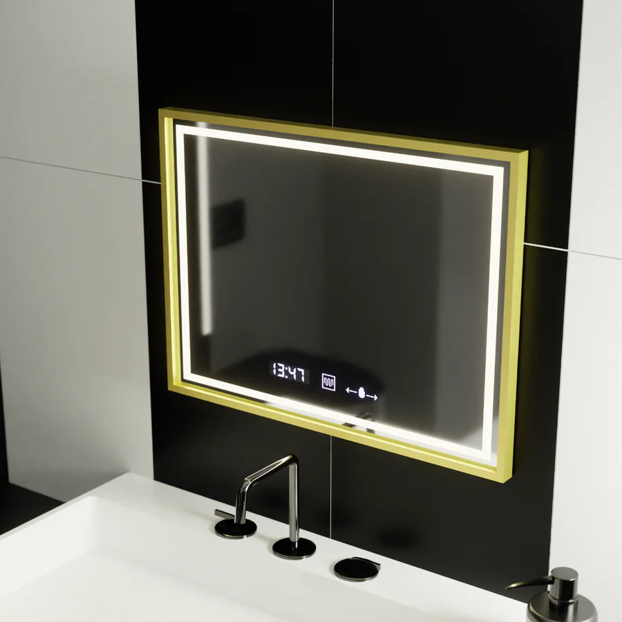 Oglinda LED Rectangulara, 80x60cm, Premium Verite Royale Gold MotionGlow Marcello, Sistem Dezaburire, Ceas &amp; Termometru, Dimabila