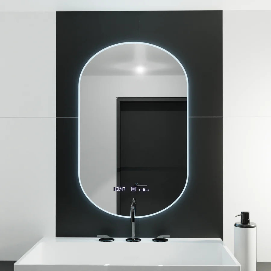 Oglinda LED Ovala, 50x80cm, Premium Lucia Senzor Marcello, Sistem Dezaburire, Ceas &amp; Termometru, Dimabila