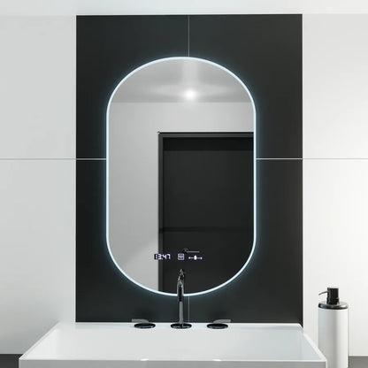 Oglinda LED Ovala, 50x80cm, Premium Lucia Senzor Marcello, Sistem Dezaburire, Ceas &amp; Termometru, Dimabila