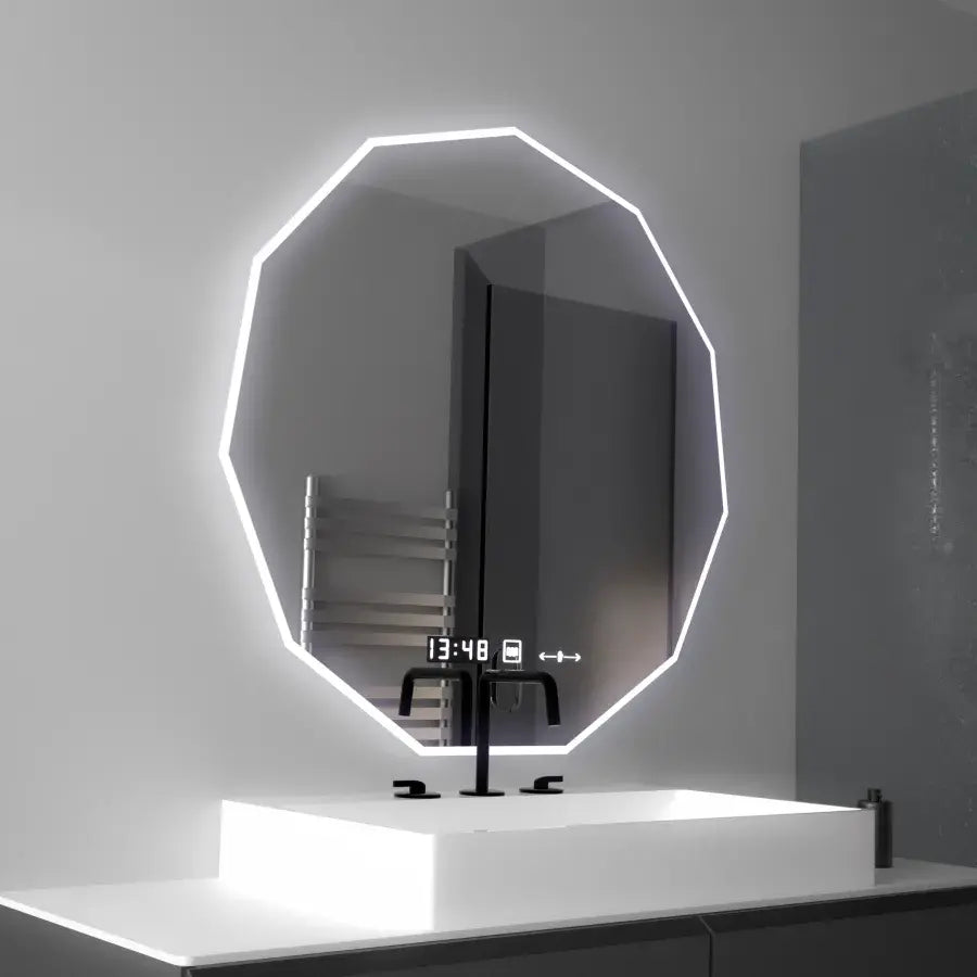 Oglinda LED Poligon, 70cm, Premium Judith Senzor MotionGlow Marcello, Sistem Dezaburire, Ceas &amp; Termometru, Dimabila