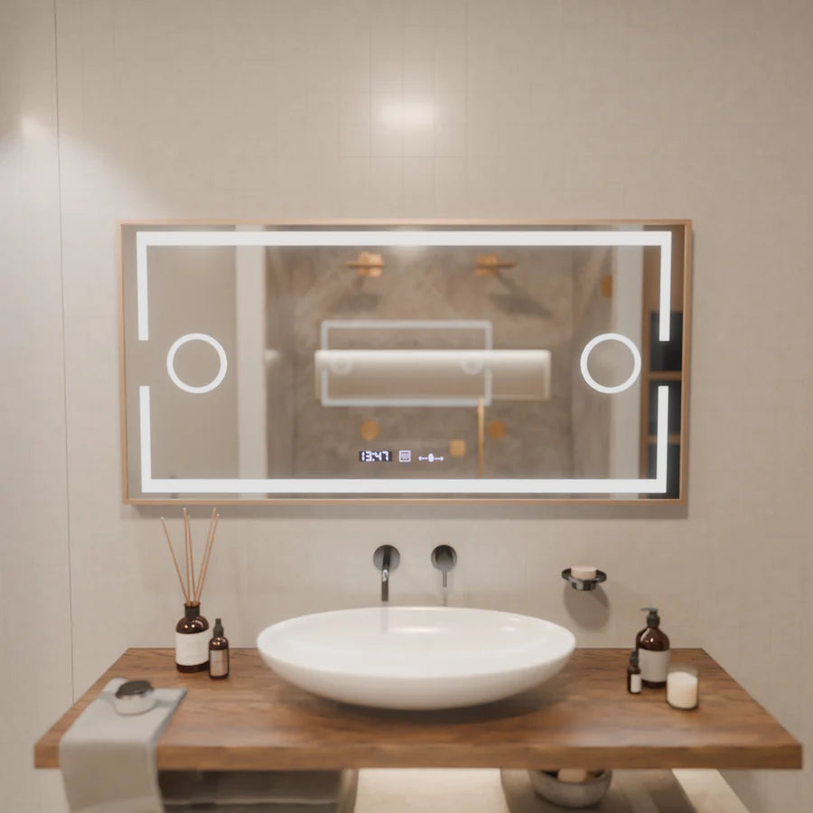 Oglinda LED Senzor MotionGlow Premium Isabell, 120x80 cm, Dezaburire Termometru Ceas, Lumina Calda/Rece/Neutra Dimabila, Rama Rose Gold Brushed