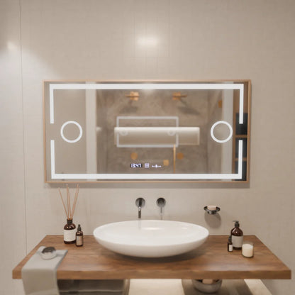 Oglinda LED Senzor MotionGlow Premium Isabell, 120x80 cm, Dezaburire Termometru Ceas, Lumina Calda/Rece/Neutra Dimabila, Rama Rose Gold Brushed