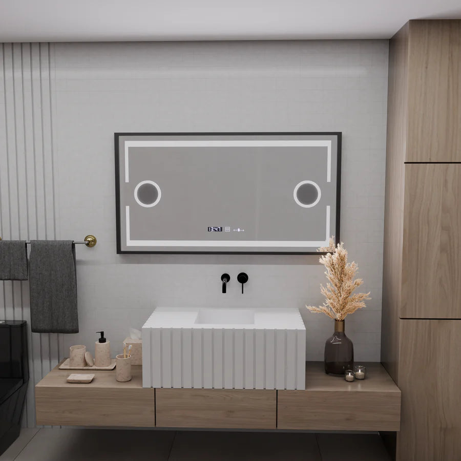 Oglinda LED Senzor MotionGlow Premium Domingo, 120x65 cm, Dezaburire Termometru Ceas, Lumina Rece/Calda/Neutra Dimabila, Rama Negru Brushed