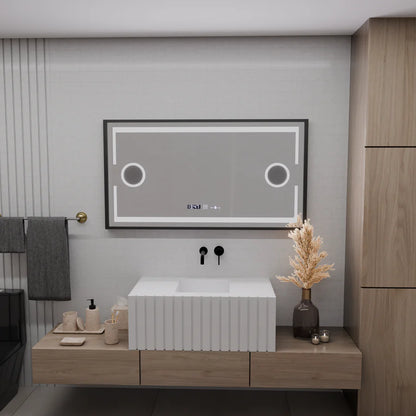 Oglinda LED Senzor MotionGlow Premium Domingo, 120x65 cm, Dezaburire Termometru Ceas, Lumina Rece/Calda/Neutra Dimabila, Rama Negru Brushed