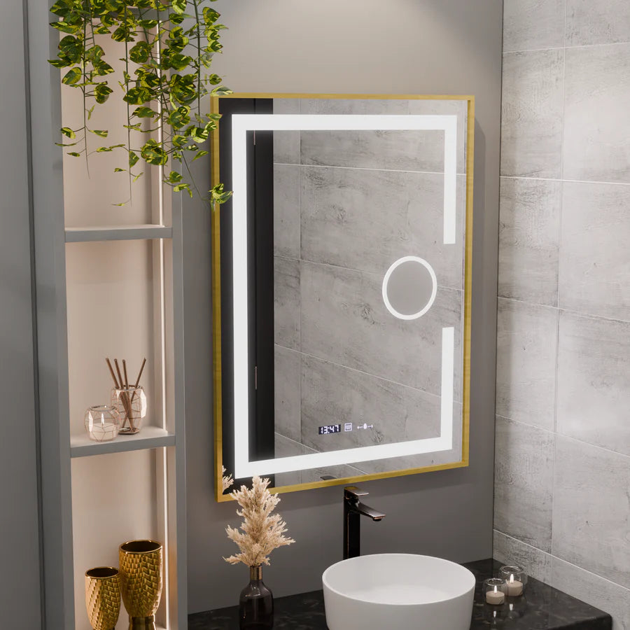 Oglinda LED Rectangulara, 60x80cm, Premium Eclat MotionGlow Marcello, Sistem Dezaburire, Ceas &amp; Termometru, Lupa Cosmetica, Dimabila, Rama Auriu Brushed