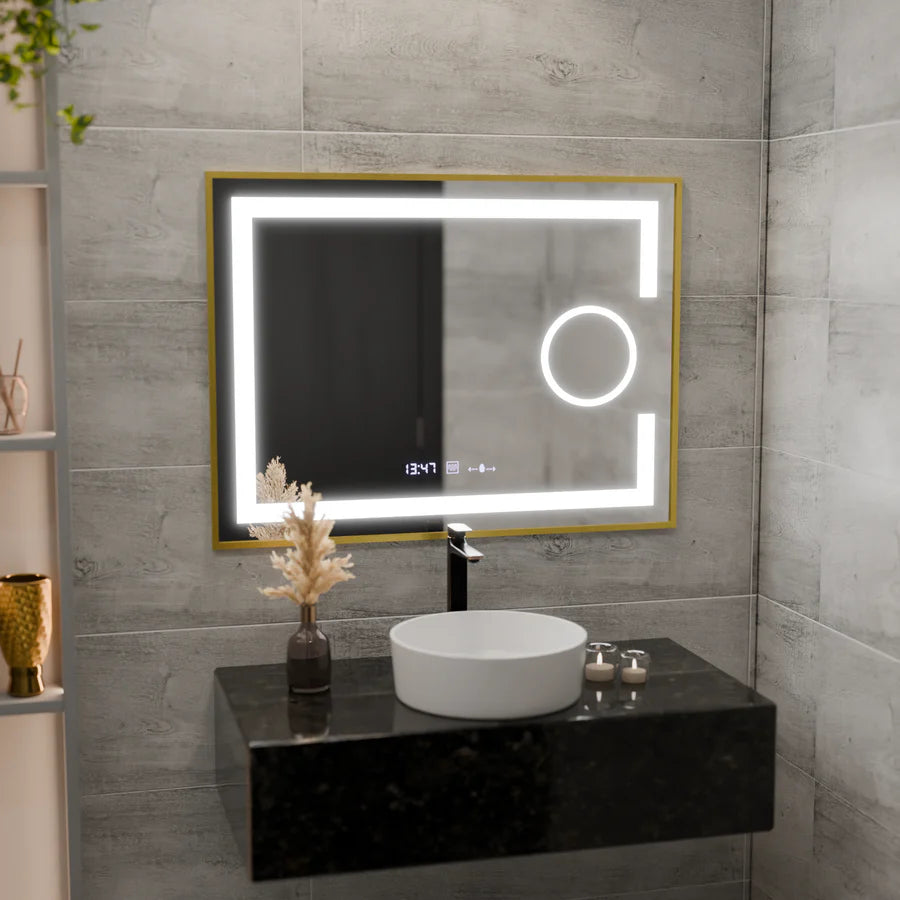 Oglinda LED Rectangulara, 80x60cm, Premium Eclat MotionGlow Marcello, Sistem Dezaburire, Ceas &amp; Termometru, Lupa Cosmetica, Dimabila, Rama Auriu Brushed
