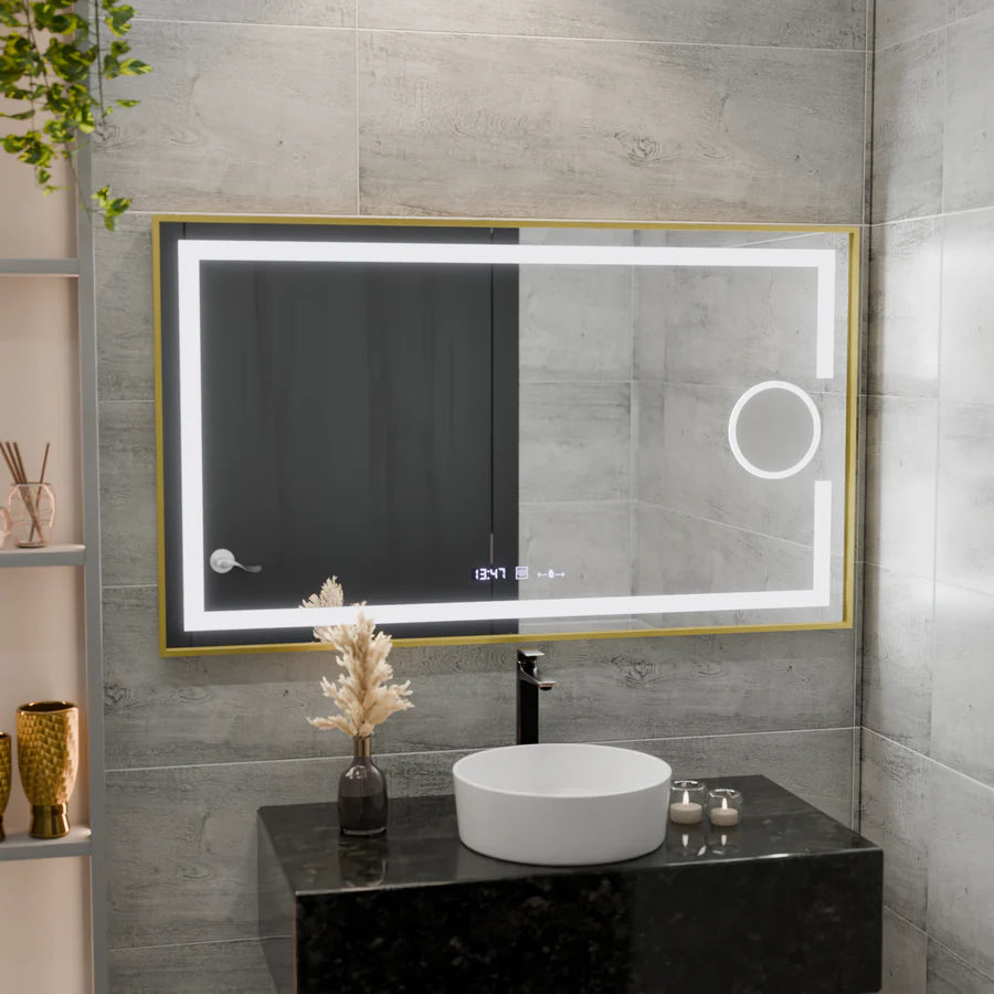 Oglinda LED Rectangulara, 120x80cm, Premium Eclat MotionGlow Marcello, Sistem Dezaburire, Ceas &amp; Termometru, Lupa Cosmetica, Dimabila, Rama Auriu Brushed