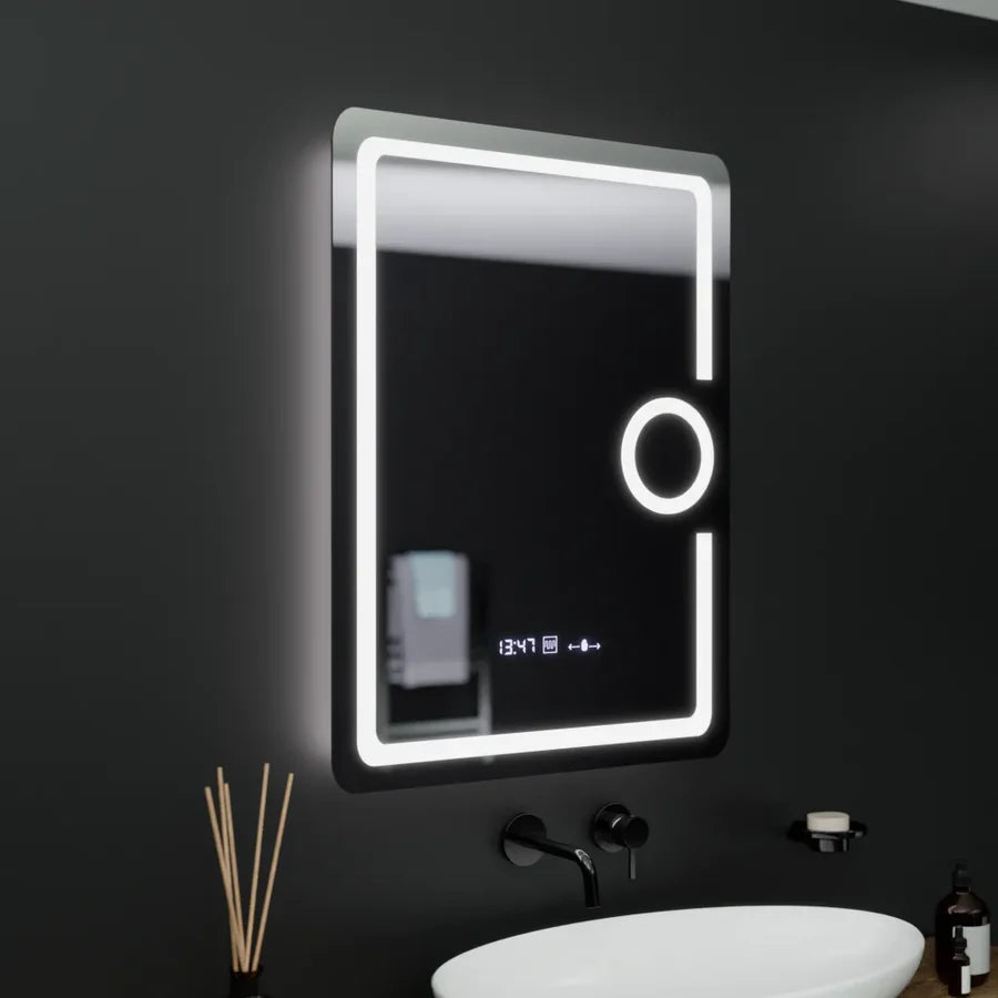 Oglinda LED Rectangulara, 60x80cm, Premium Eclat MotionGlow Marcello, Ceas &amp; Termometru, Sistem Dezaburire, Lupa Cosmetica, Dimabila