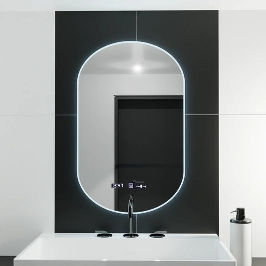 Oglinda LED Ovala, 50x100cm, Premium Lucia Senzor Marcello, Sistem Dezaburire, Ceas &amp; Termometru, Dimabila