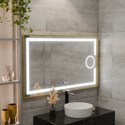 Oglinda LED Rectangulara, 110x65cm, Premium Eclat MotionGlow Marcello, Sistem Dezaburire, Ceas &amp; Termometru, Lupa Cosmetica, Dimabila, Rama Auriu Brushed