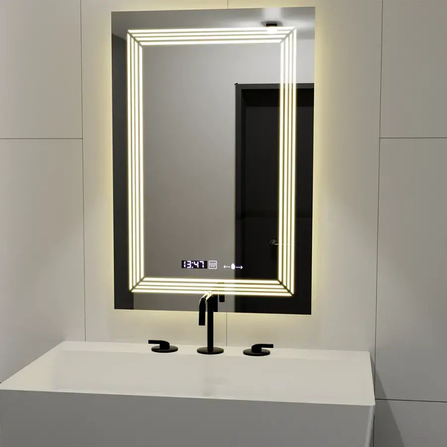 Oglinda LED Rectangulara, 60x80cm, Premium Venezia Senzor MotionGlow Marcello, Sistem Dezaburire, Ceas &amp; Termometru, Dimabila
