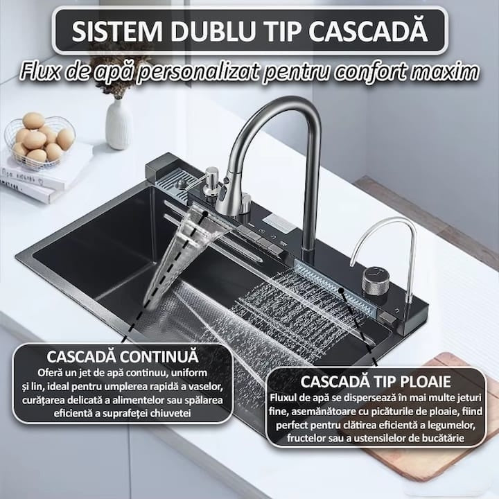 Chiuveta Smart Premium cu Afisaj Digital 45x75cm, Doua Cascade, Baterie Multifunctionala, Accesorii Integrate, Spalator Pahar, Dozator, Tocator, Anti-Zgarieturi