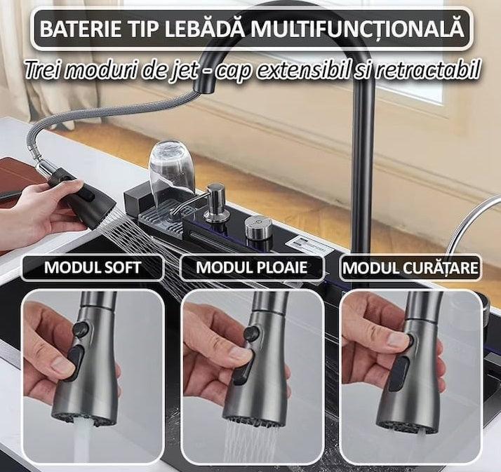 Chiuveta Smart Premium cu Afisaj Digital 45x75cm, Doua Cascade, Baterie Multifunctionala, Accesorii Integrate, Spalator Pahar, Dozator, Tocator, Anti-Zgarieturi