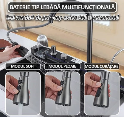 Chiuveta Smart Premium cu Afisaj Digital 45x75cm, Doua Cascade, Baterie Multifunctionala, Accesorii Integrate, Spalator Pahar, Dozator, Tocator, Anti-Zgarieturi