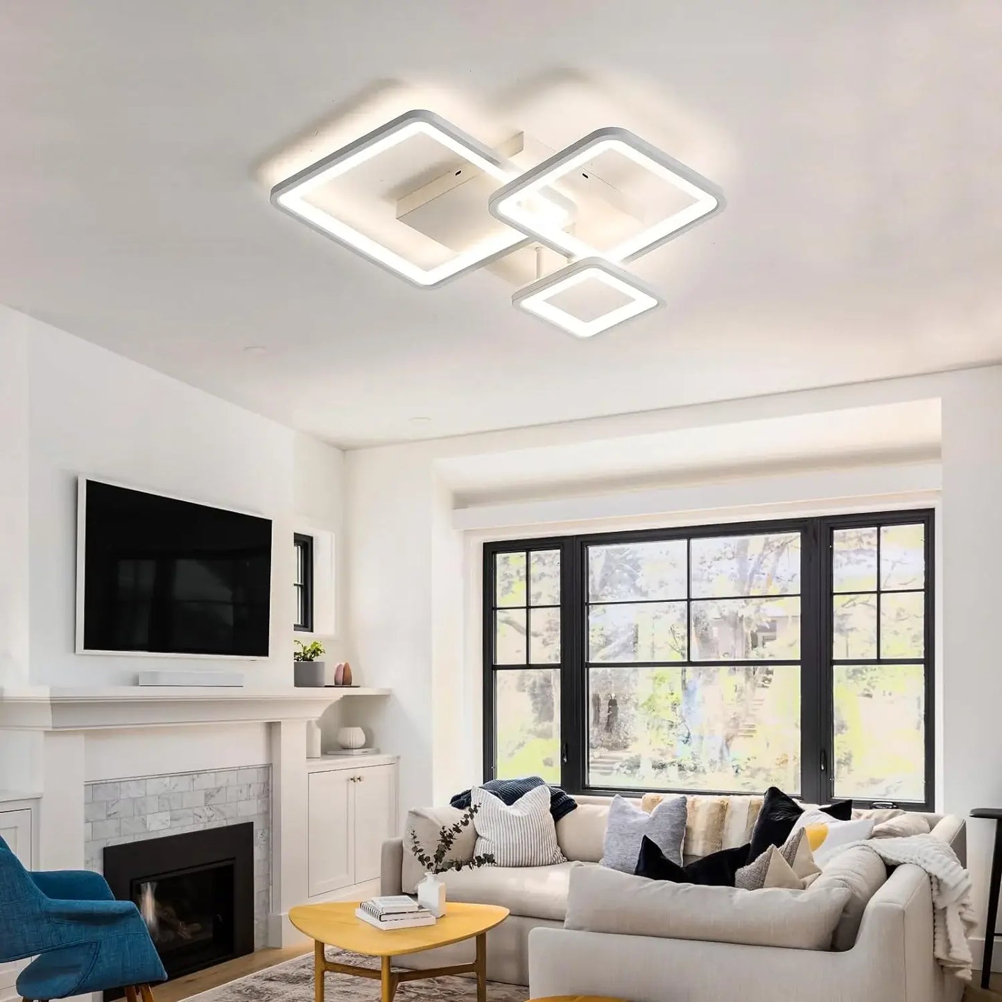 Lustra LED Albă Kara, Design Patrate, Telecomandă, 88W
