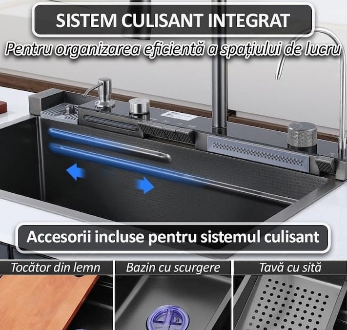 Chiuveta Smart Premium cu Afisaj Digital 45x75cm, Doua Cascade, Baterie Multifunctionala, Accesorii Integrate, Spalator Pahar, Dozator, Tocator, Anti-Zgarieturi