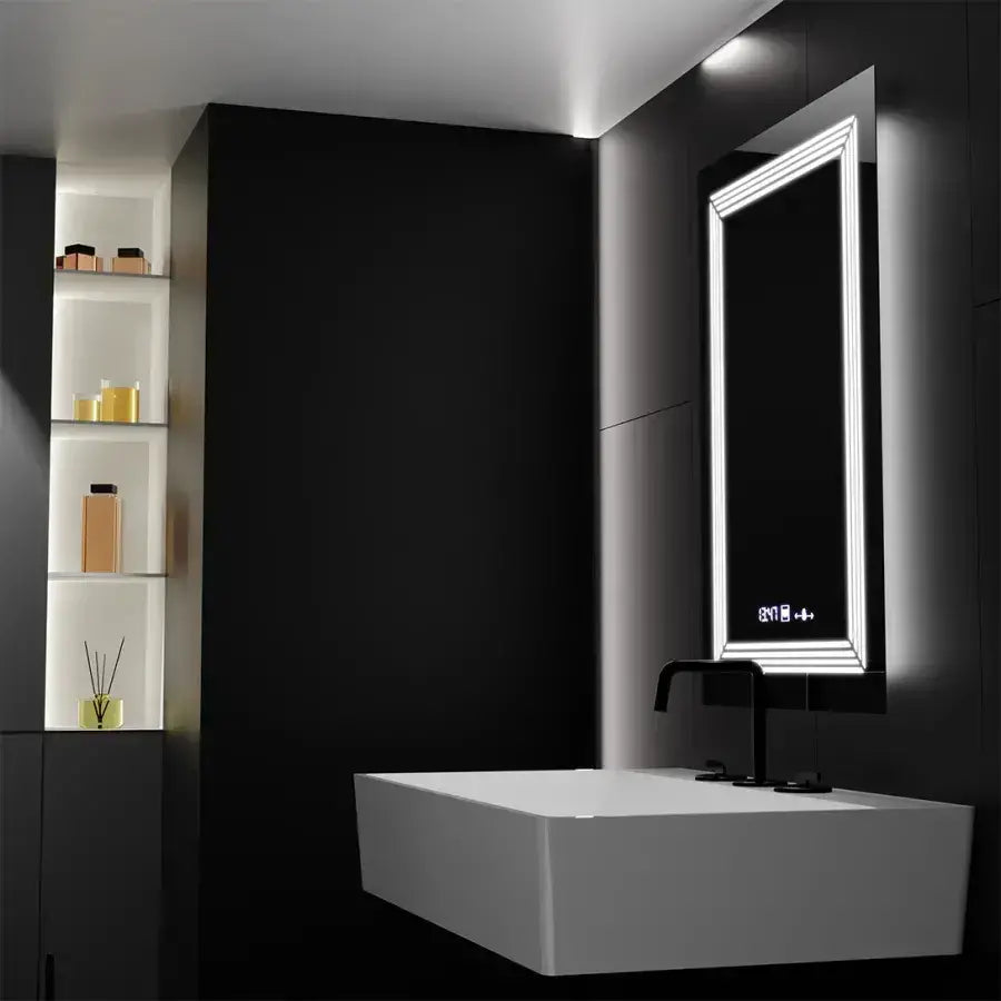 Oglinda LED Rectangulara, 60x80cm, Premium Venezia Senzor MotionGlow Marcello, Sistem Dezaburire, Ceas &amp; Termometru, Dimabila