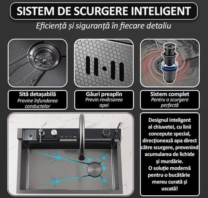 Chiuveta Smart Premium cu Afisaj Digital 45x75cm, Doua Cascade, Baterie Multifunctionala, Accesorii Integrate, Spalator Pahar, Dozator, Tocator, Anti-Zgarieturi