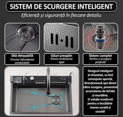 Chiuveta Smart Premium cu Afisaj Digital 45x75cm, Doua Cascade, Baterie Multifunctionala, Accesorii Integrate, Spalator Pahar, Dozator, Tocator, Anti-Zgarieturi