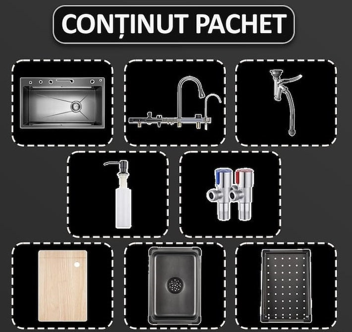 Chiuveta Smart Premium cu Afisaj Digital 45x75cm, Doua Cascade, Baterie Multifunctionala, Accesorii Integrate, Spalator Pahar, Dozator, Tocator, Anti-Zgarieturi