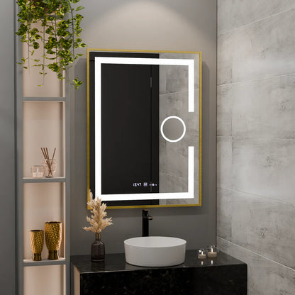 Oglinda LED Rectangulara, 60x80cm, Premium Eclat MotionGlow Marcello, Sistem Dezaburire, Ceas &amp; Termometru, Lupa Cosmetica, Dimabila, Rama Auriu Brushed