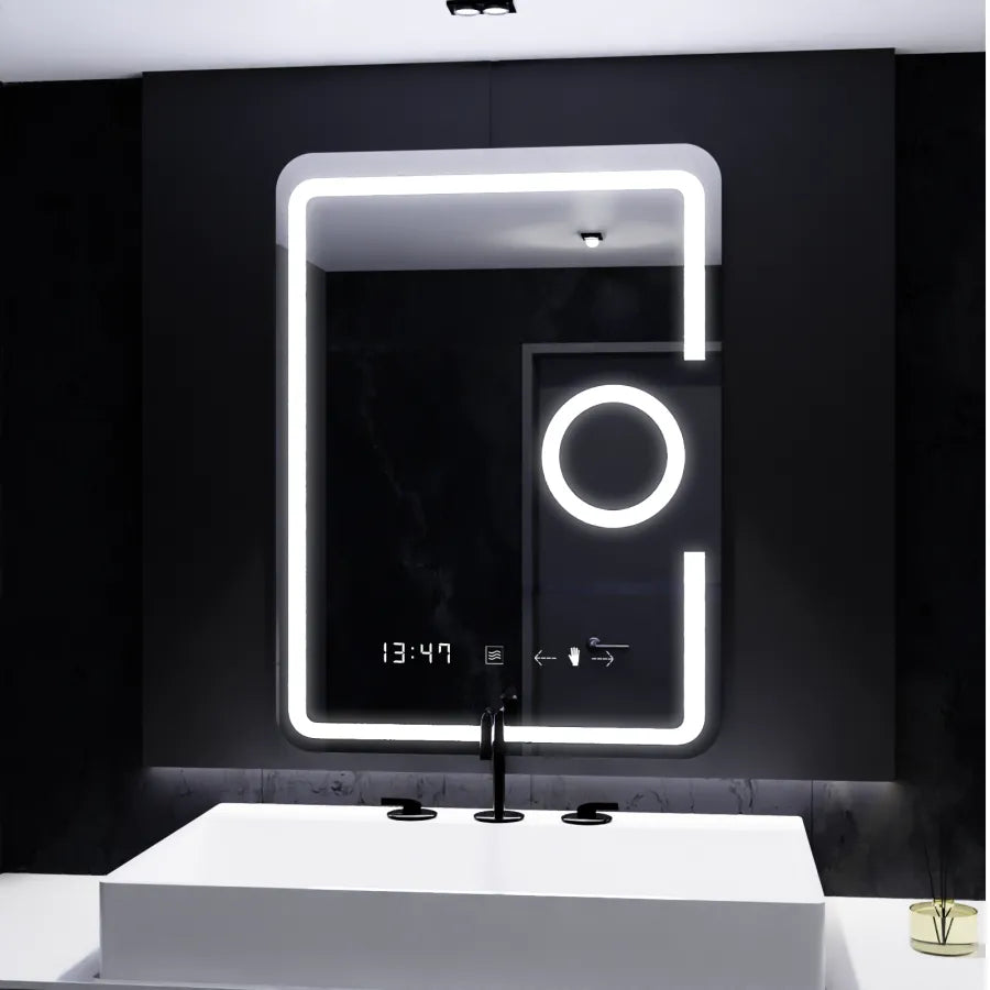 Oglinda LED Rectangulara, 60x80cm, Premium Eclat MotionGlow Marcello, Ceas &amp; Termometru, Sistem Dezaburire, Lupa Cosmetica, Dimabila