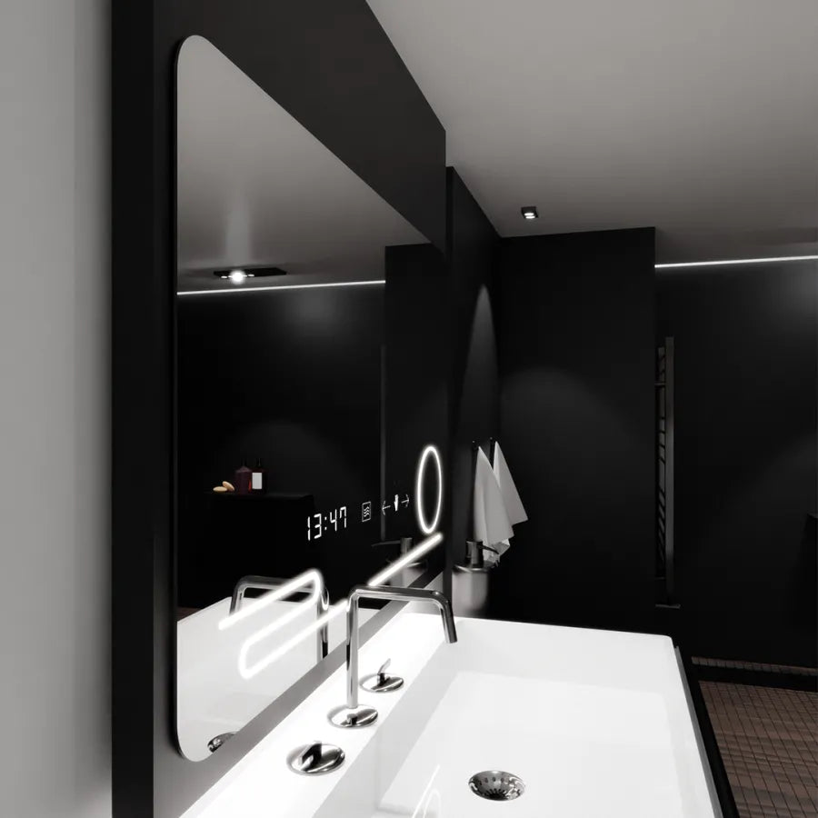 Oglinda LED Rectangulara, 100x60cm, Premium Harmonie MotionGlow Marcello, Sistem Dezaburire, Ceas &amp; Termometru, Lupa Cosmetica, Dimabila