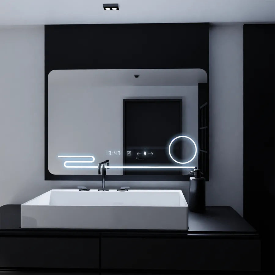 Oglinda LED Rectangulara, 120x80cm, Premium Harmonie MotionGlow Marcello, Sistem Dezaburire, Ceas &amp; Termometru, Lupa Cosmetica, Dimabila