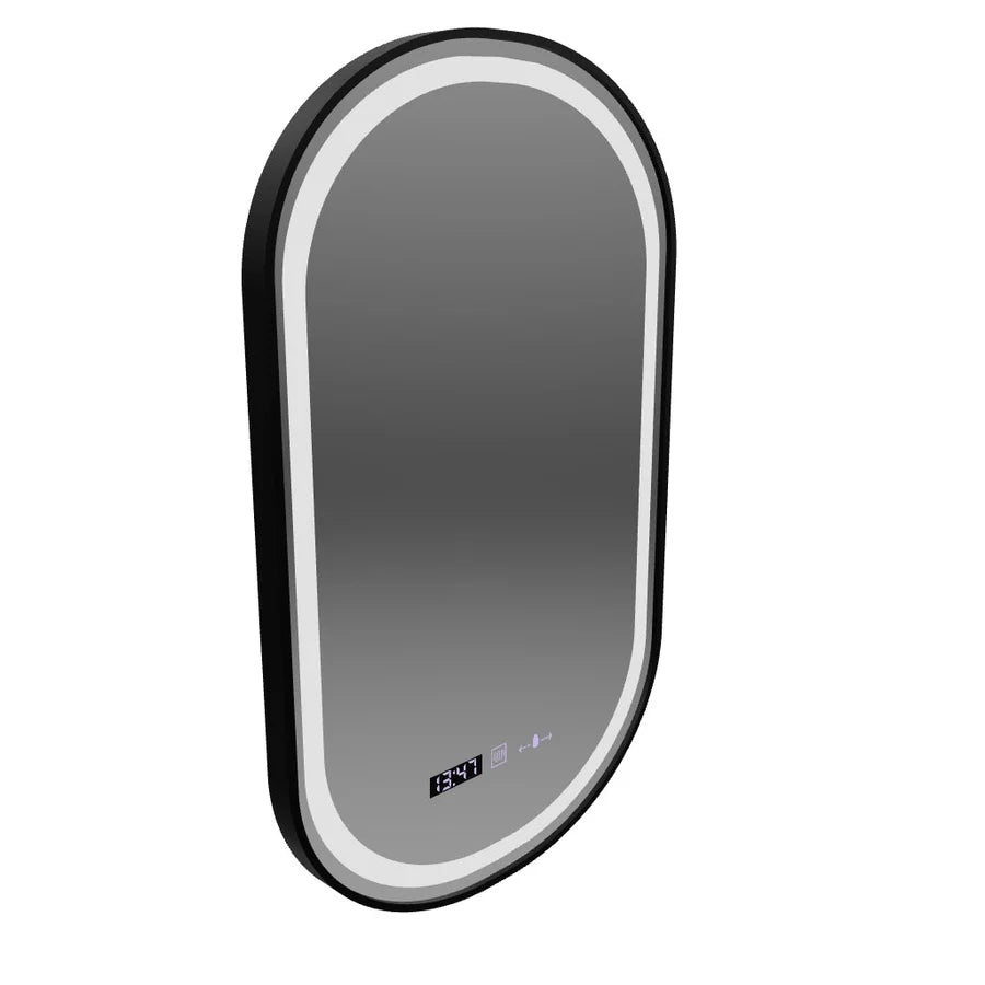 Oglinda LED Senzor Premium Helmut, 50x80 cm, Sistem Dezaburire, Ceas si Temperatura, Rama Negru Brushed Marcello Funghi