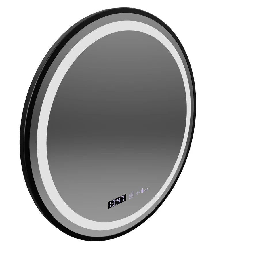 Oglinda LED Rotunda, 80cm, Premium Celeste Majesté Noir MotionGlow Marcello, Sistem Dezaburire, Ceas &amp; Termometru, Dimabila
