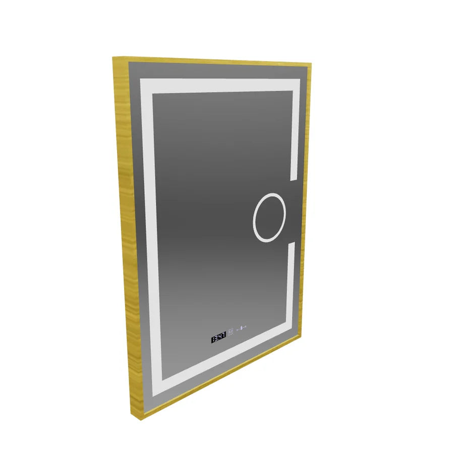 Oglinda LED Rectangulara, 60x80cm, Premium Eclat MotionGlow Marcello, Sistem Dezaburire, Ceas &amp; Termometru, Lupa Cosmetica, Dimabila, Rama Auriu Brushed