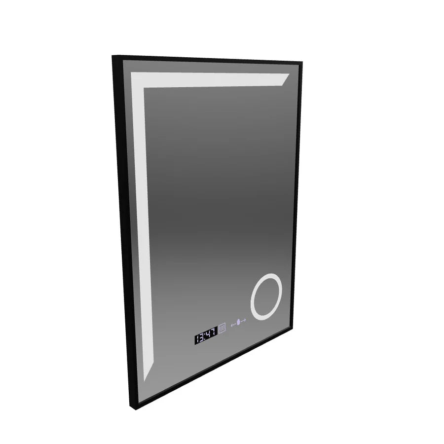 Oglinda LED Senzor Premium MotionGlow Francesca, 60x80cm, Lumina Calda/Rece/Neutra Dimabila Rama Negru Brushed Sistem Dezaburire Termometru Ceas