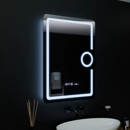 Oglinda LED Rectangulara, 60x80cm, Premium Eclat MotionGlow Marcello, Ceas &amp; Termometru, Sistem Dezaburire, Lupa Cosmetica, Dimabila