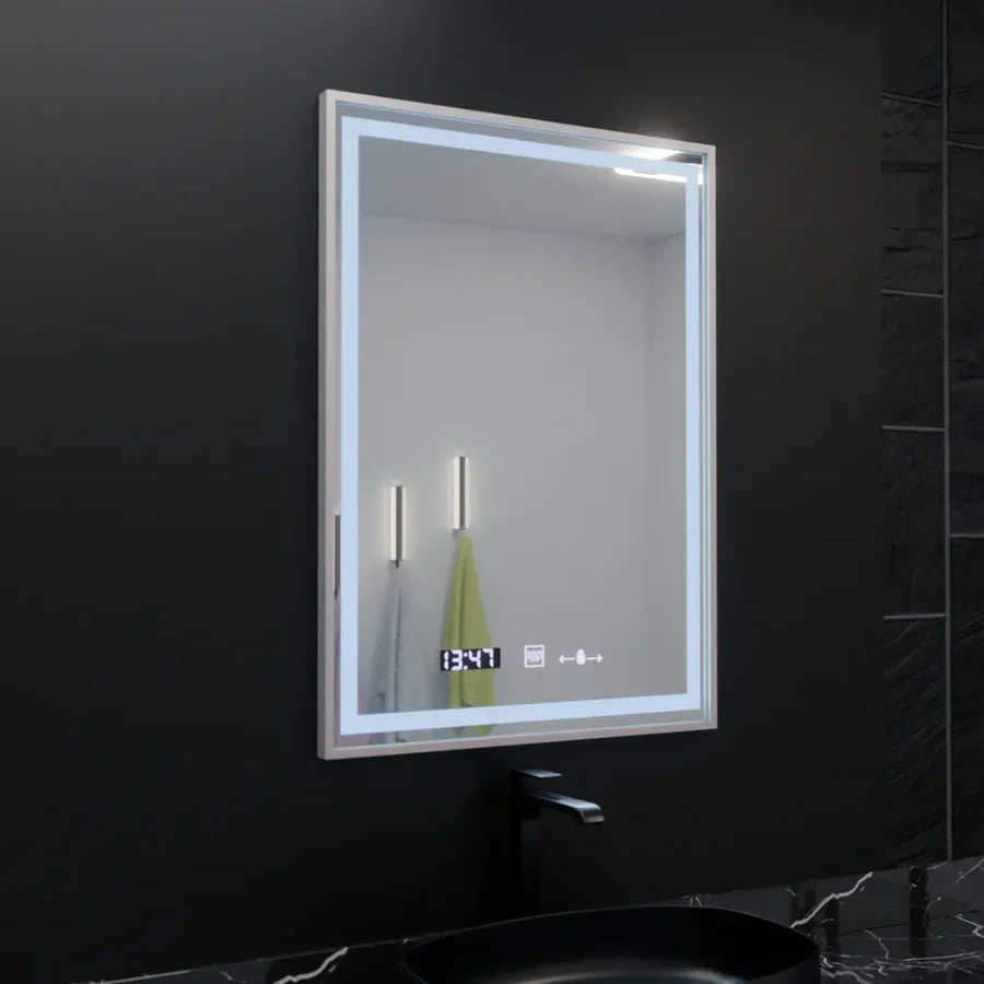 Oglinda LED Rectangulara, 60x80cm, Premium Verite Imperial Silver Motion Glow Marcello, Sistem Dezaburire, Ceas &amp; Termometru, Dimabila