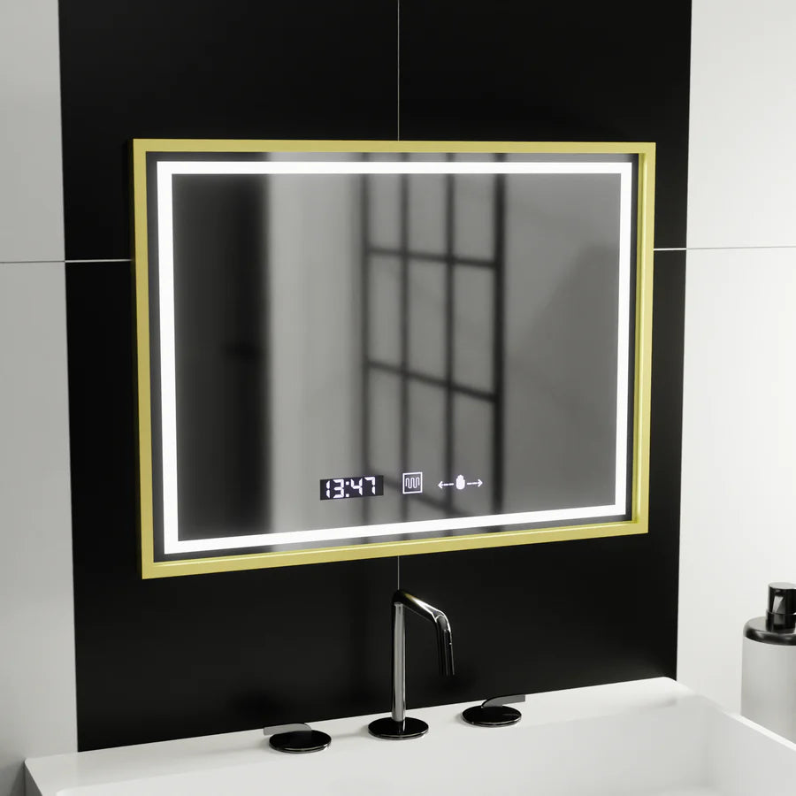 Oglinda LED Rectangulara, 80x60cm, Premium Verite Royale Gold MotionGlow Marcello, Sistem Dezaburire, Ceas &amp; Termometru, Dimabila