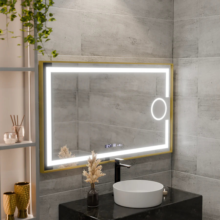 Oglinda LED Rectangulara, 120x80cm, Premium Eclat MotionGlow Marcello, Sistem Dezaburire, Ceas &amp; Termometru, Lupa Cosmetica, Dimabila, Rama Auriu Brushed