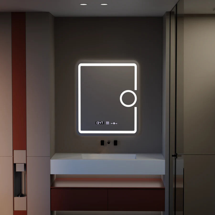 Oglinda LED Rectangulara, 75x90cm, Premium Eclat MotionGlow Marcello, Sistem Dezaburire, Ceas &amp; Termometru, Lupa Cosmetica, Dimabila