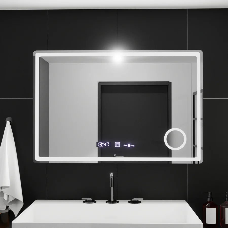 Oglinda LED Rectangulara, 90x60cm, Premium Velour MotionGlow Marcello, Sistem Dezaburire, Ceas &amp; Termometru, Lupa Cosmetica, Dimabila