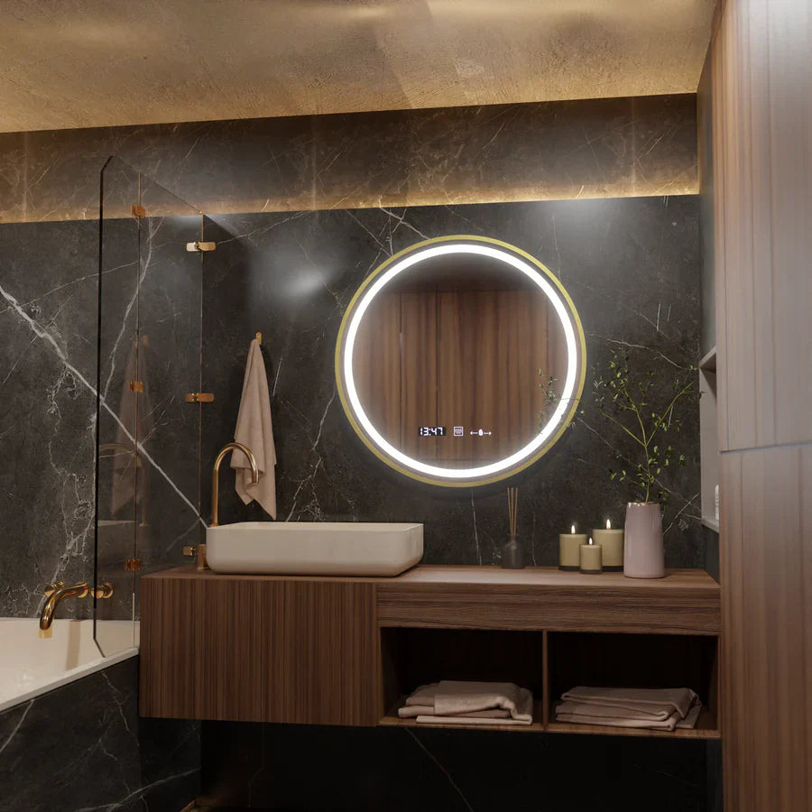 Oglinda LED Rotunda, 60cm, Premium Celeste Royale Gold Eleve MotionGlow Marcello, Sistem Dezaburire, Ceas &amp; Termometru, Dimabila, Curea Detasabila