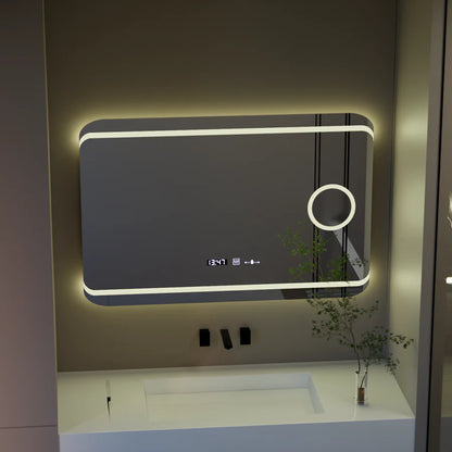 Oglinda LED Rectangulara, 100x60cm, Premium Definition MotionGlow Marcello, Sistem Dezaburire, Ceas &amp; Termometru, Lupa Cosmetica, Dimabila