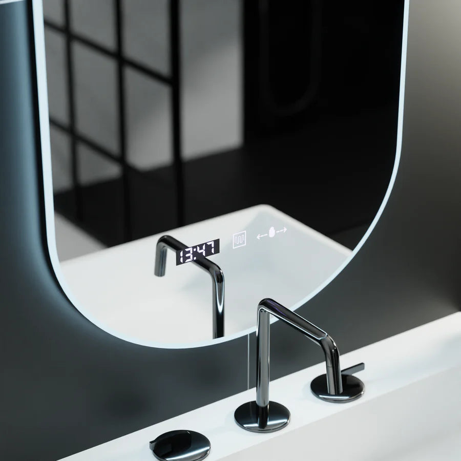 Oglinda LED Ovala, 50x100cm, Premium Lucia Senzor Marcello, Sistem Dezaburire, Ceas &amp; Termometru, Dimabila