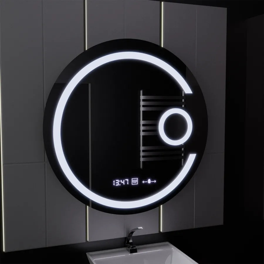 Oglinda LED Rotunda, 70cm, Premium Visio MotionGlow Marcello, Sistem Dezaburire, Ceas &amp; Termometru, Lupa Cosmetica, Dimabila