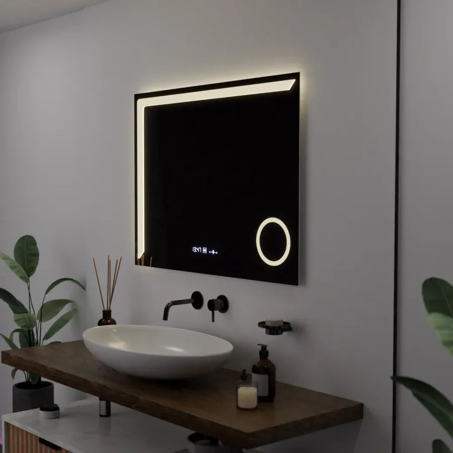 Oglinda LED Rectangulara, 80x60cm, Premium Precision MotionGlow Marcello, Sistem Dezaburire, Ceas &amp; Termometru, Lupa Cosmetica, Dimabila