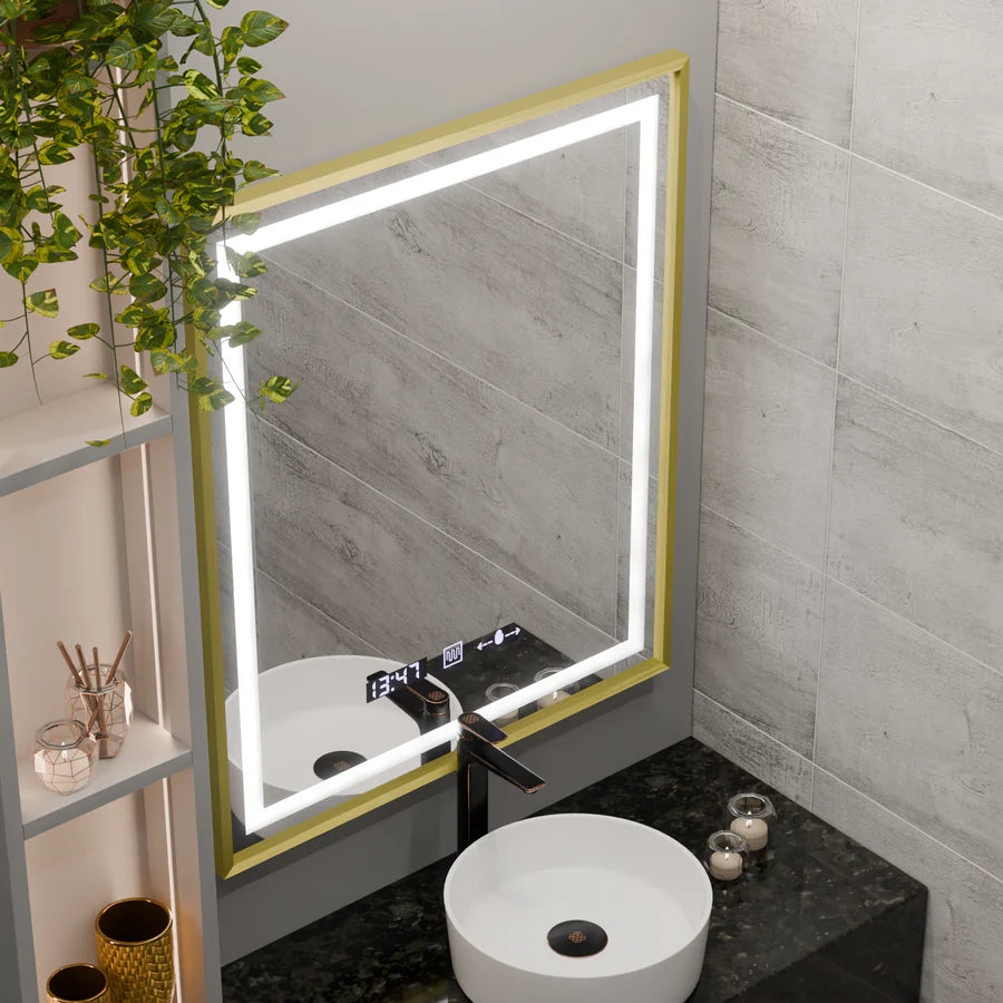 Oglinda LED Rectangulara, 75x90cm, Premium Verite Royale Gold MotionGlow Marcello, Sistem Dezaburire, Ceas &amp; Termometru, Dimabila