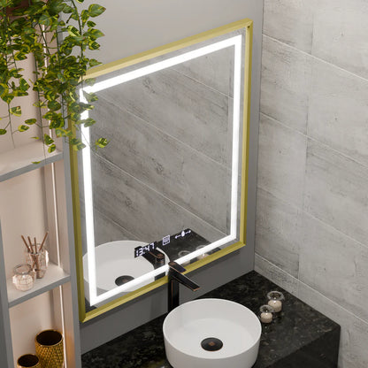 Oglinda LED Rectangulara, 75x90cm, Premium Verite Royale Gold MotionGlow Marcello, Sistem Dezaburire, Ceas &amp; Termometru, Dimabila
