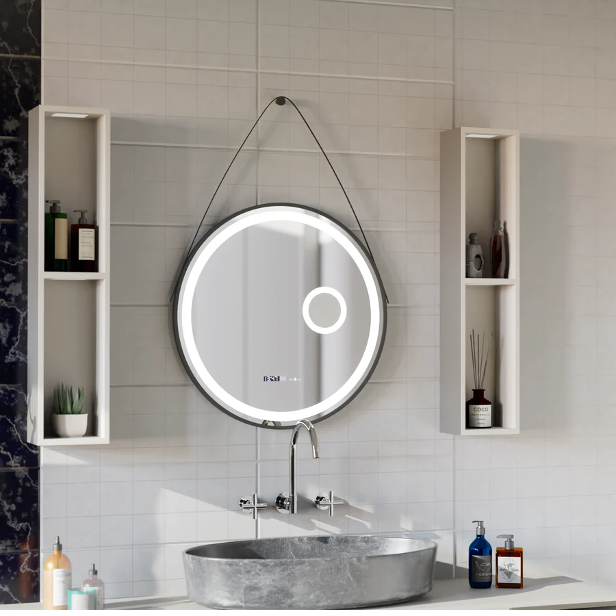 Oglinda LED Rotunda, 60cm, Premium Micah Senzor MotionGlow Marcello, Sistem Dezaburire, Ceas &amp; Termometru, Lupa Cosmetica, Dimabila