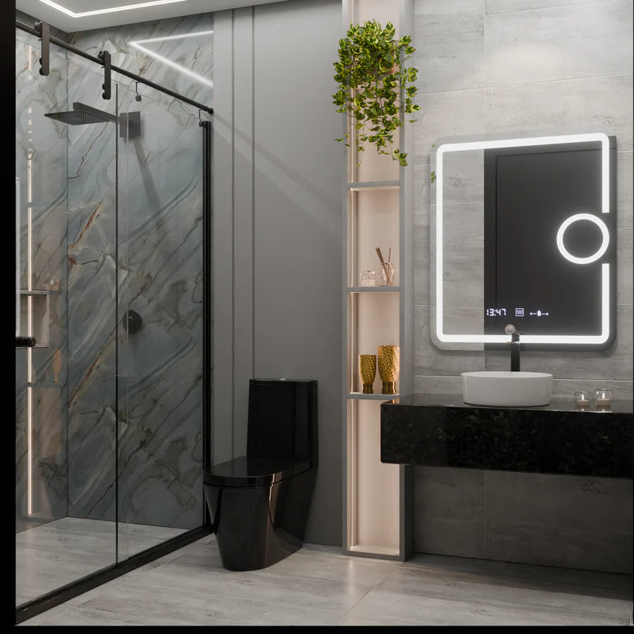 Oglinda LED Rectangulara, 75x90cm, Premium Eclat MotionGlow Marcello, Sistem Dezaburire, Ceas &amp; Termometru, Lupa Cosmetica, Dimabila