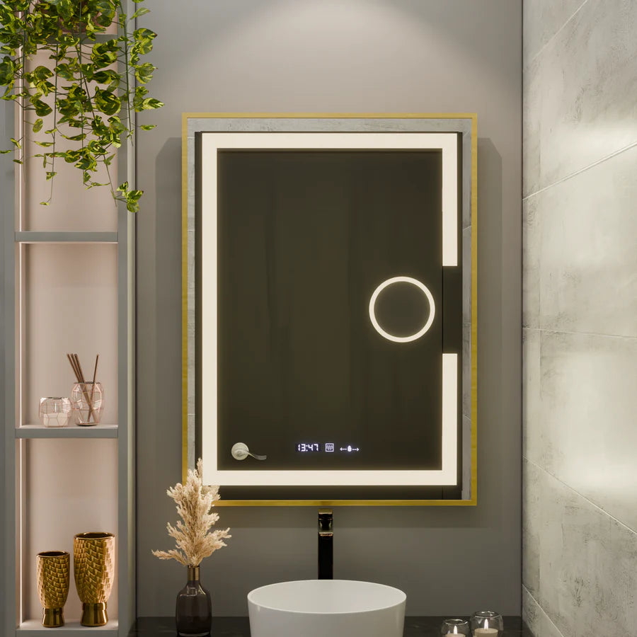 Oglinda LED Rectangulara, 60x80cm, Premium Eclat MotionGlow Marcello, Sistem Dezaburire, Ceas &amp; Termometru, Lupa Cosmetica, Dimabila, Rama Auriu Brushed